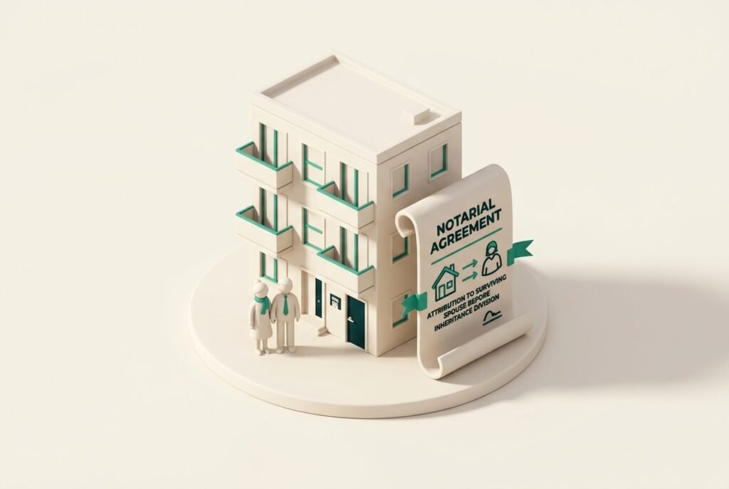 Illustration isométrique d’une clause de préciput protégeant le conjoint survivant sur un bien immobilier - rentilot