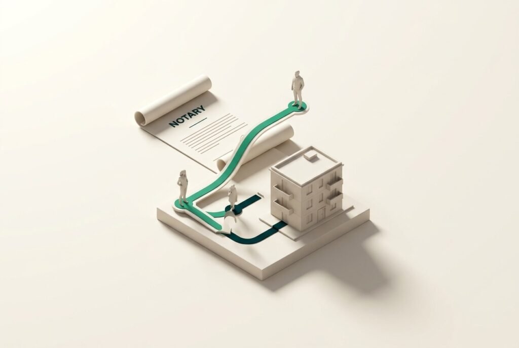 Illustration isométrique d’une clause de tontine lors d’un achat immobilier à deux