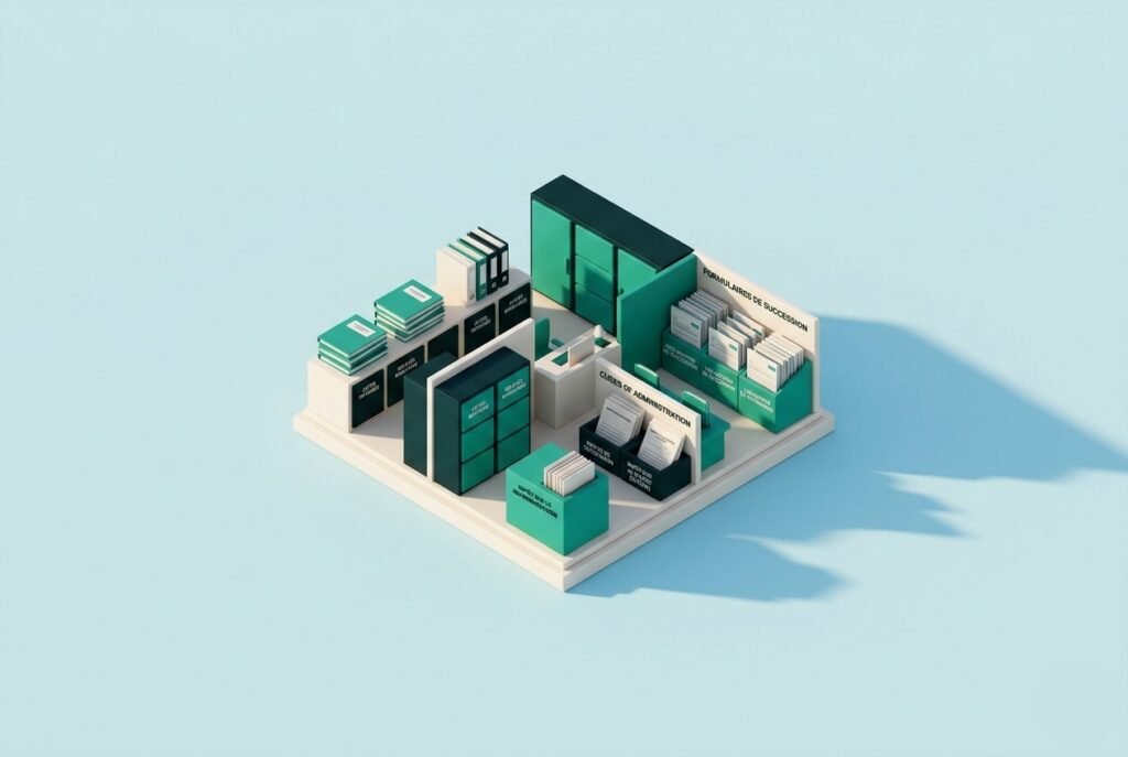 Illustration isométrique d’une déclaration de succession réalisée sans notaire