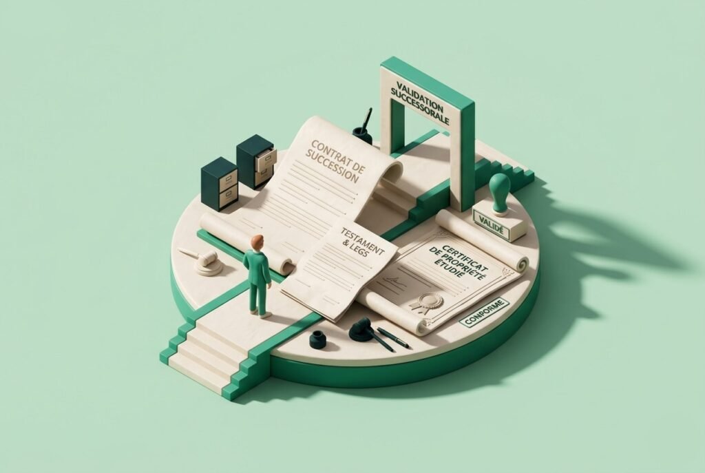 Illustration isométrique sur les cas où le notaire est obligatoire dans une succession