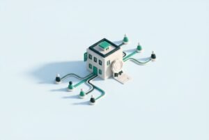 Illustration isométrique d’une transmission patrimoniale après 70 ans avec immobilier, donation et assurance-vie - Rentilot