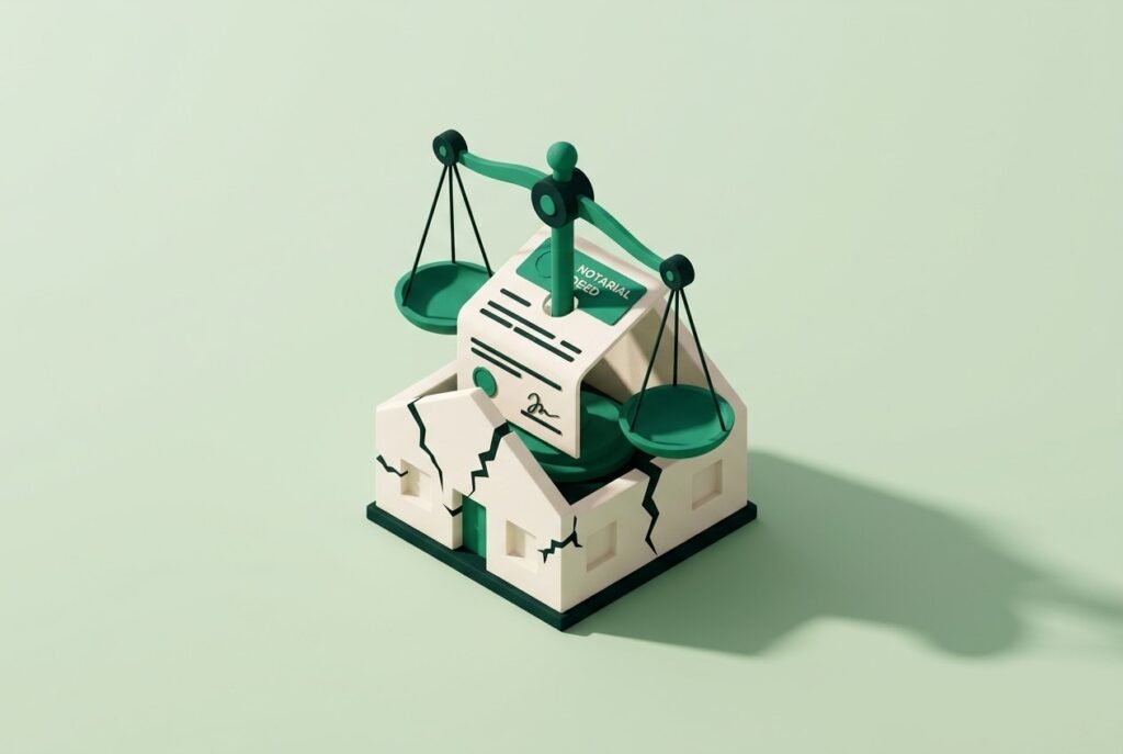 Balance de justice et maison miniature pour illustrer la rescision pour lésion