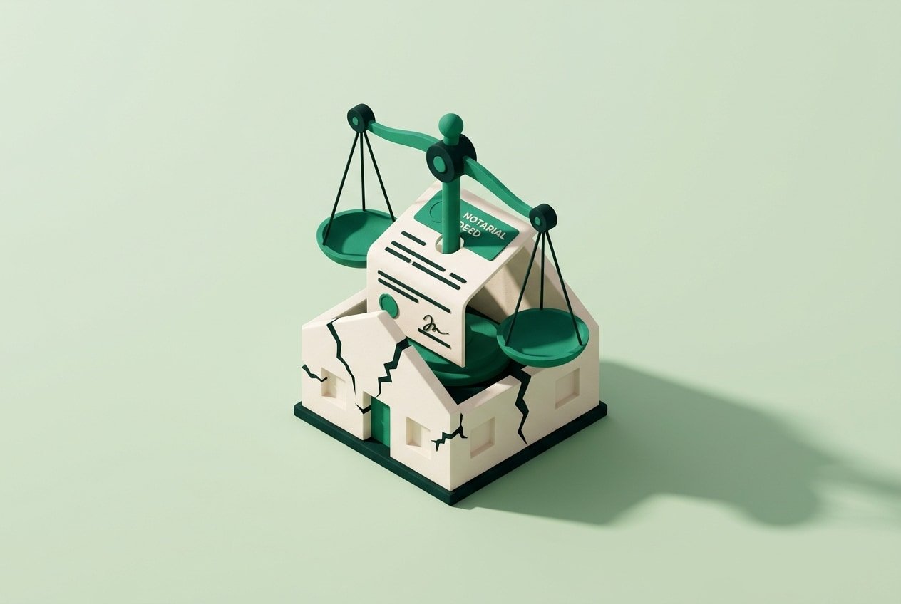 Balance de justice et maison miniature pour illustrer la rescision pour lésion