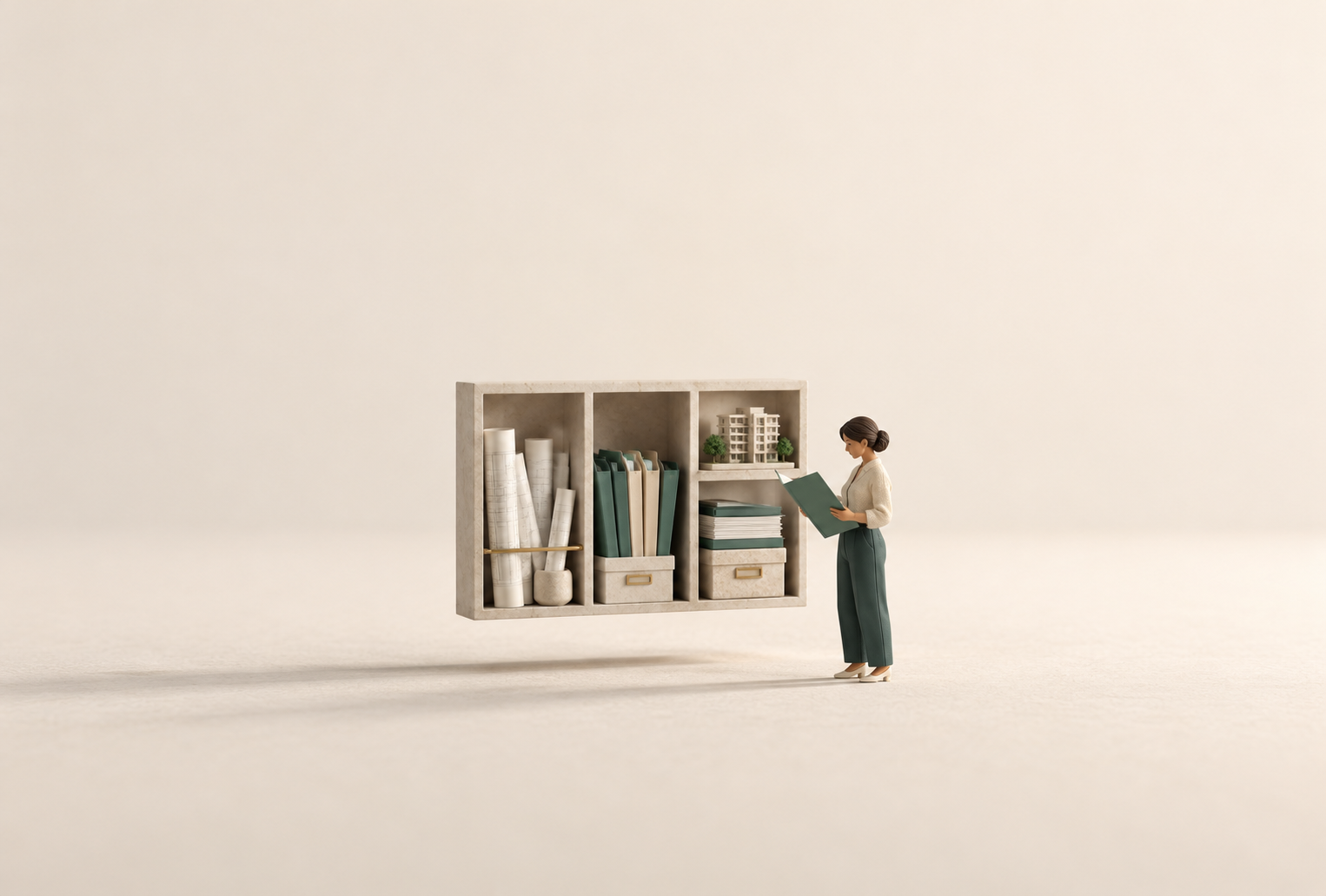 Une investisseuse examine les dossiers d’une copropriété représentés dans une bibliothèque miniature.