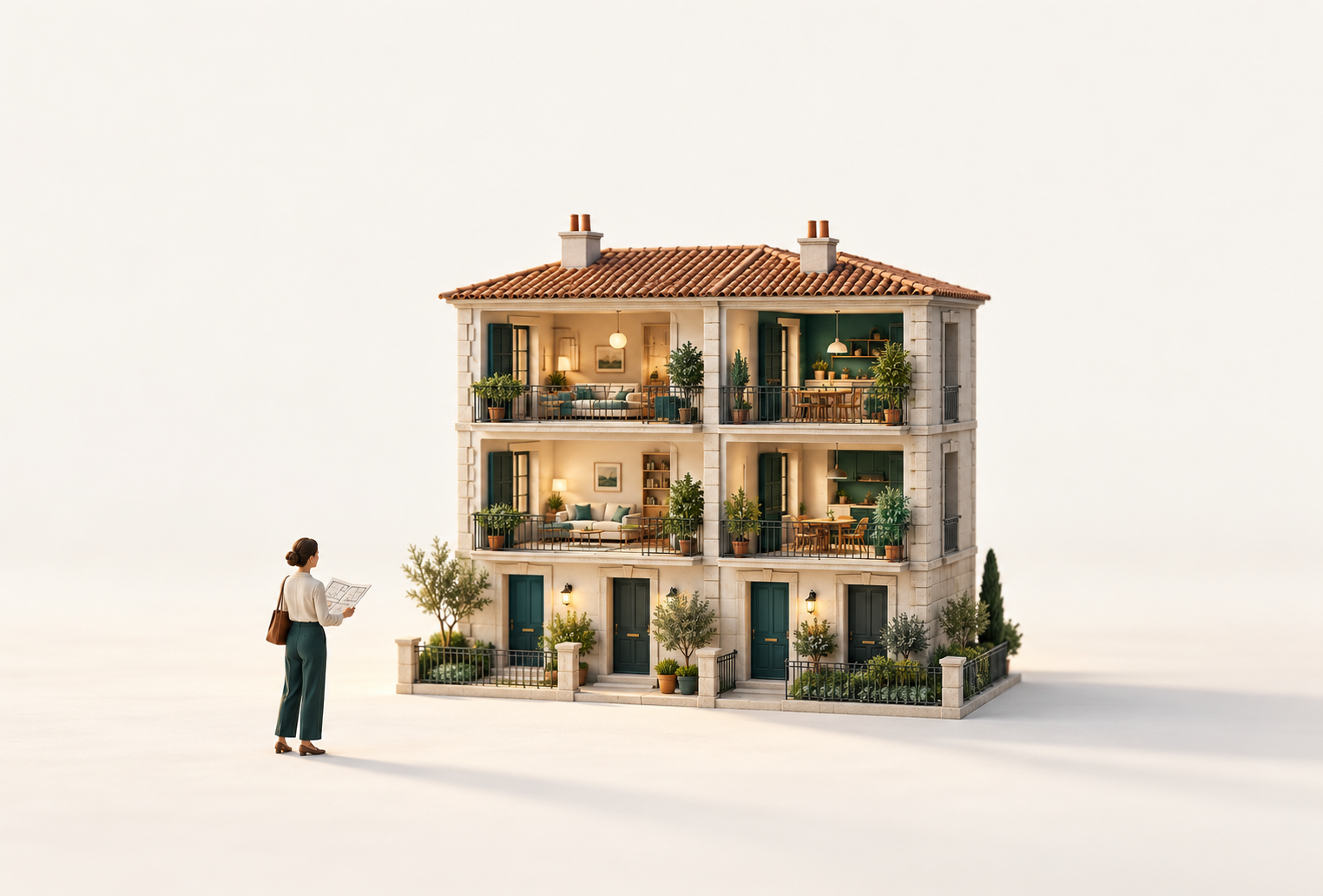 Petit immeuble de rapport et investisseuse examinant sa façade dans une scène miniature aérée.