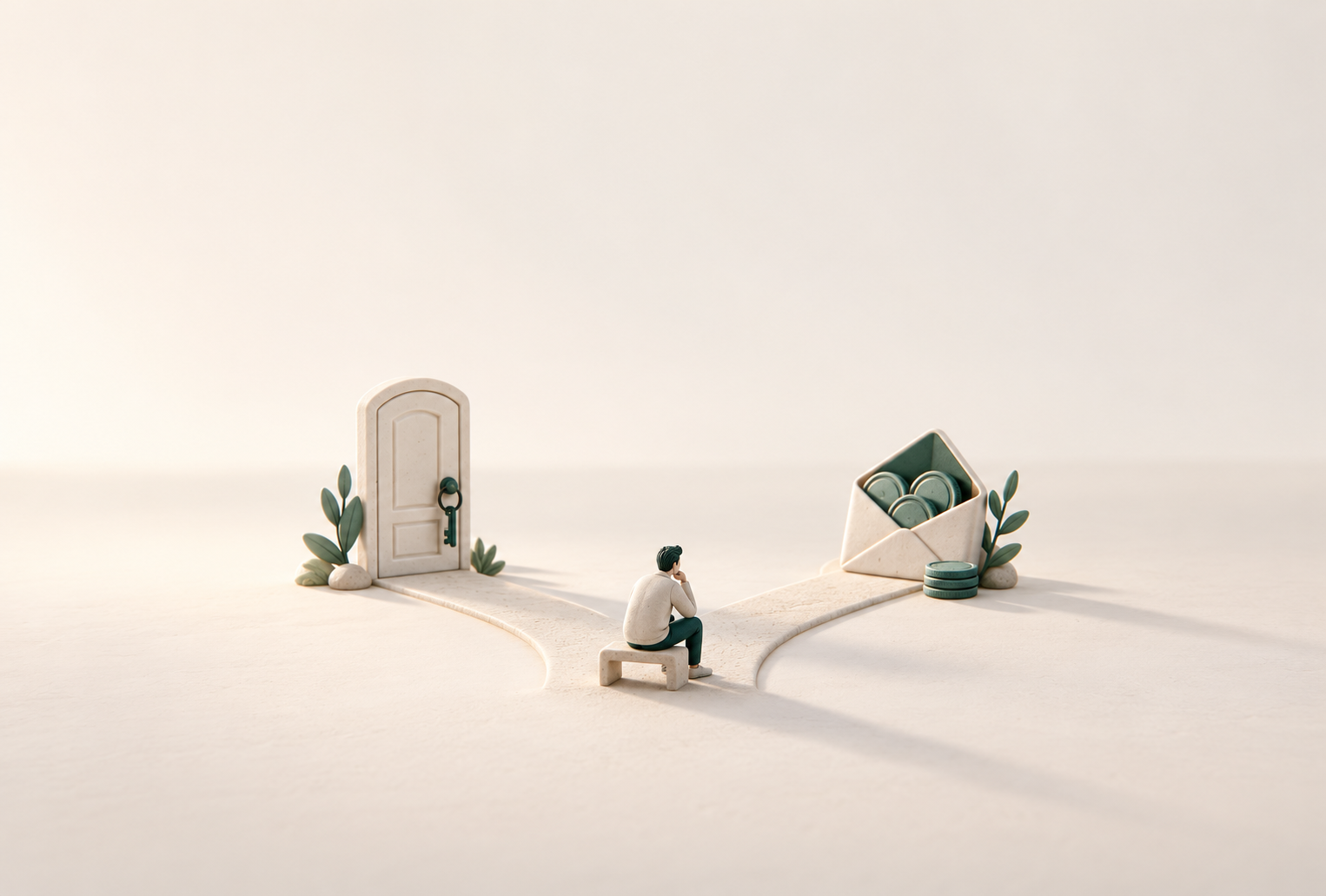 Une bifurcation miniature oppose un trousseau conservé et une enveloppe de vente, à côté d’un personnage en réflexion.