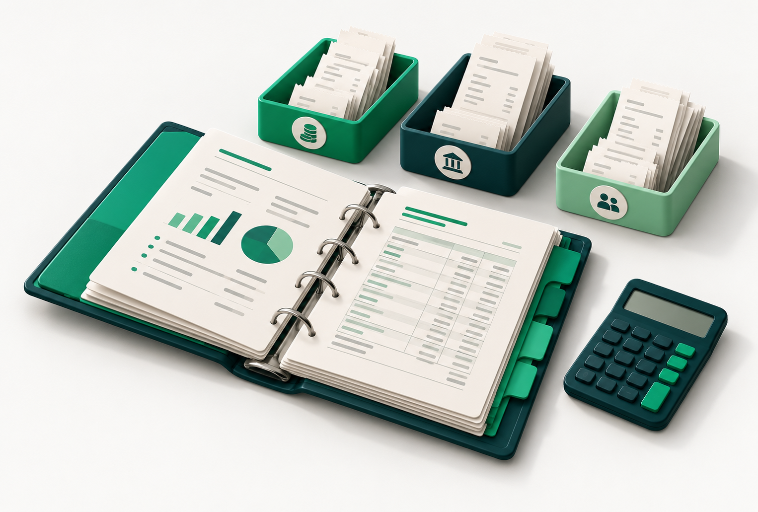 Classeur comptable, justificatifs et calculatrice organisés pour le suivi d’une SCI.