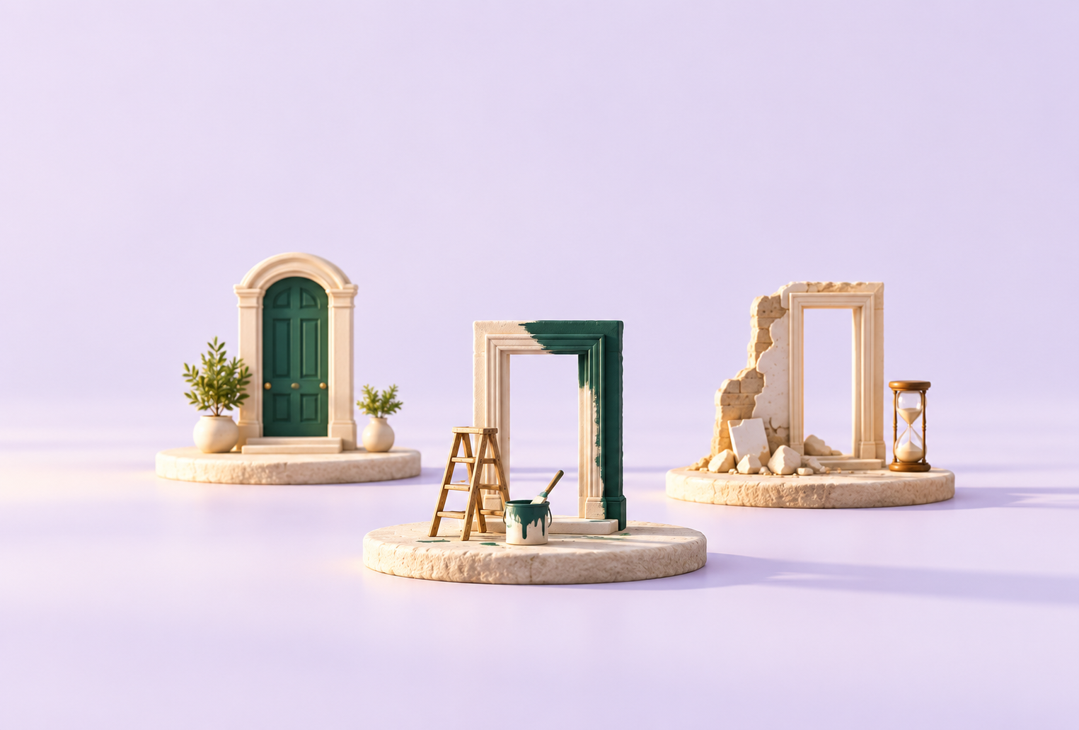Trois étapes d’un chantier comparées dans une miniature sur fond lavande.